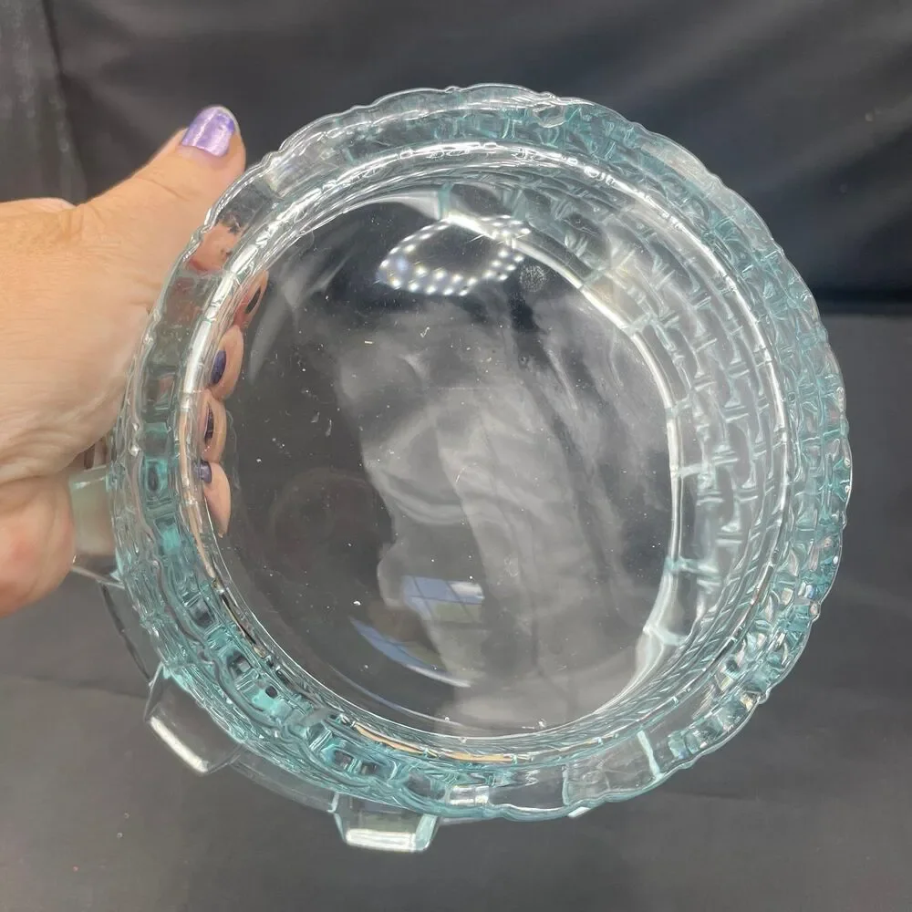 Vintage Blue Glass Basket Weave Bowl Aqua Seafoam Textured Candy Dish